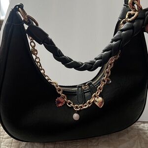 ANTIK KRAFT Black Vegan Leather Crescent Hobo Bag with Gold Charm Chain Strap
